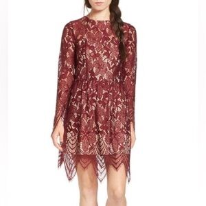 Maroon burgundy juniors long sleeve lace dress love, fire sz large